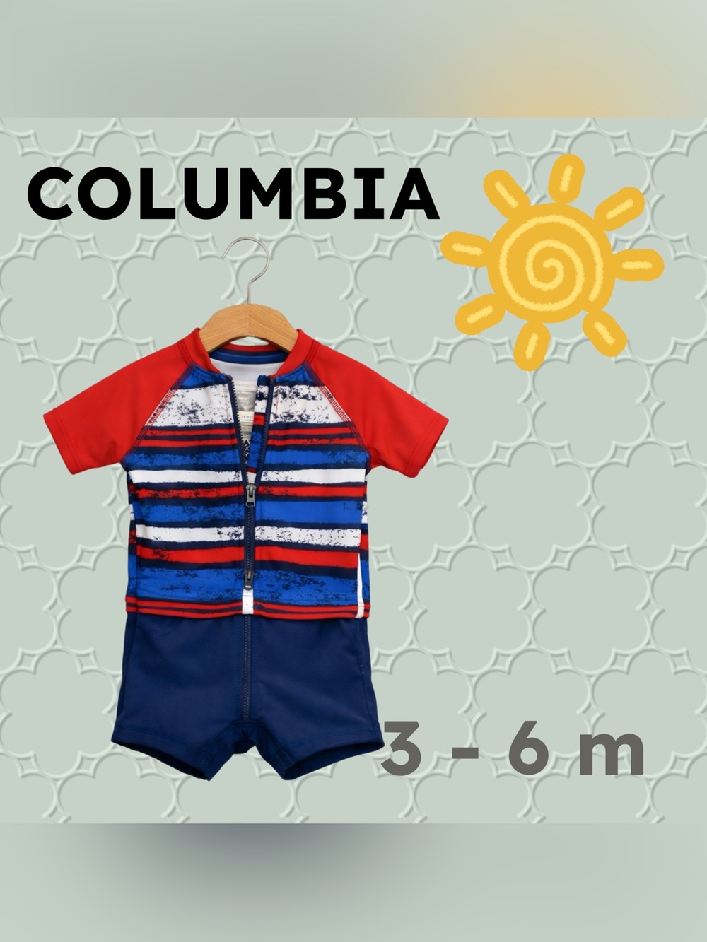 ⬇️🇺🇸👍GUC COLUMBIA | 3m | Unisex Blue & Red Striped Omnishade Baby swimsuit*
